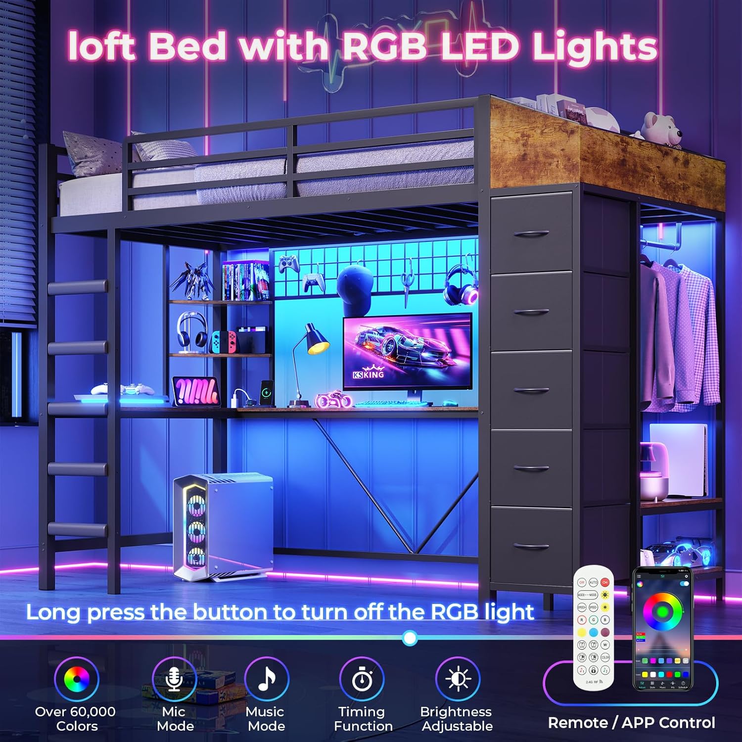 Twin Loft Bed with L-Shaped Desk, LED Lights, Charging Station, Metal Loft Bed Frame with 5 Storage Drawers, Hall Tree, Twin Size Bed for Kids with Ladder and Safety Guard, No Box Spring Needed, Black