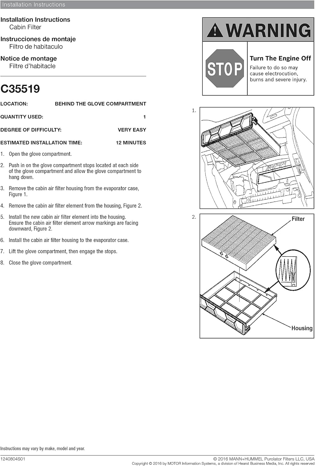 Purolator C35519 PurolatorOne Cabin Air Filter, 1 Count (Pack of 1)