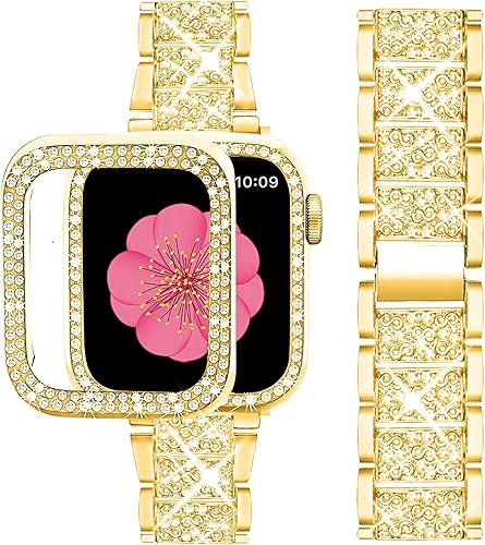 SUPOIX Compatible con Apple Watch Band de 1.614 pulgadas + funda, bandas de metal con diamantes brillantes para mujer y paquete de 2 fundas