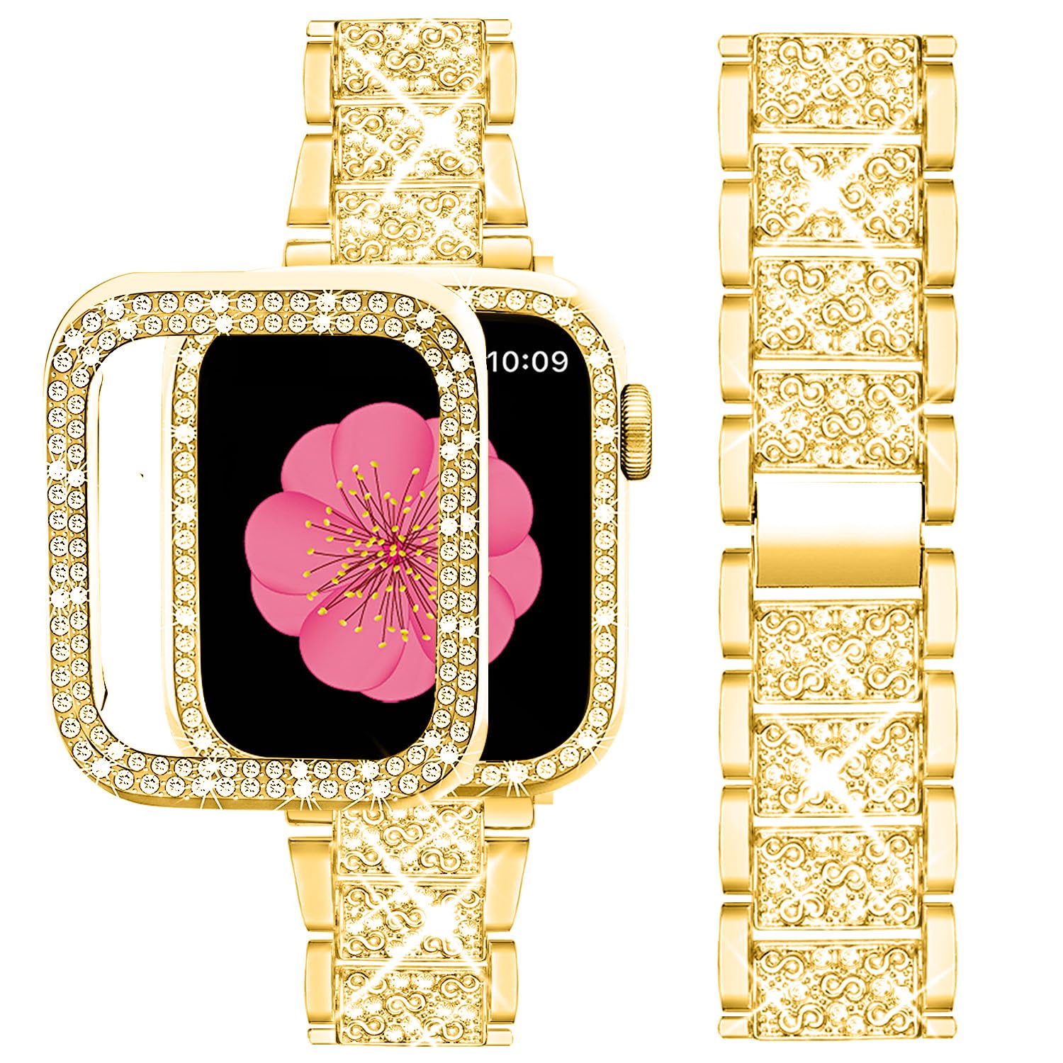 SUPOIX Compatible with Apple Watch Band 42mm + Case, Women Jewelry Bling Diamond Metal Bands & 2 Pack Protective Cover Cases for iWatch Series 3/2/1(Gold)