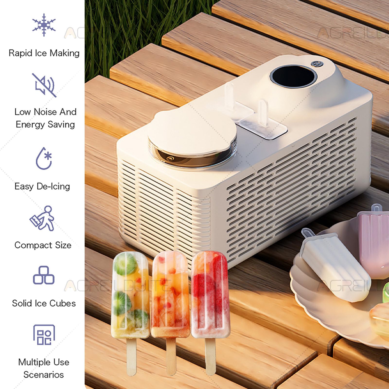 Mini máquina de hielo portátil — Fabricador de hielo de 12 V con función rápida de preparación de paletas en 30 minutos y doble fuente de alimentación; ideal para el hogar y el automóvil. Off-White