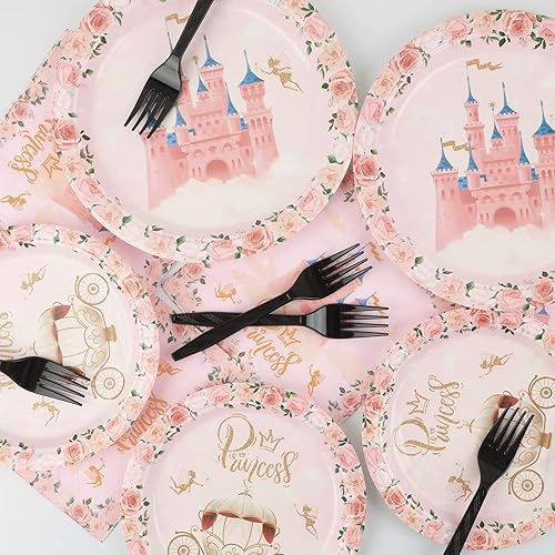 Miniatura 5 de Juego de 96 platos y servilletas de fiesta de princesa, suministros de fiesta de princesa floral rosa, decoraciones de fiesta de princesa, recuerdos