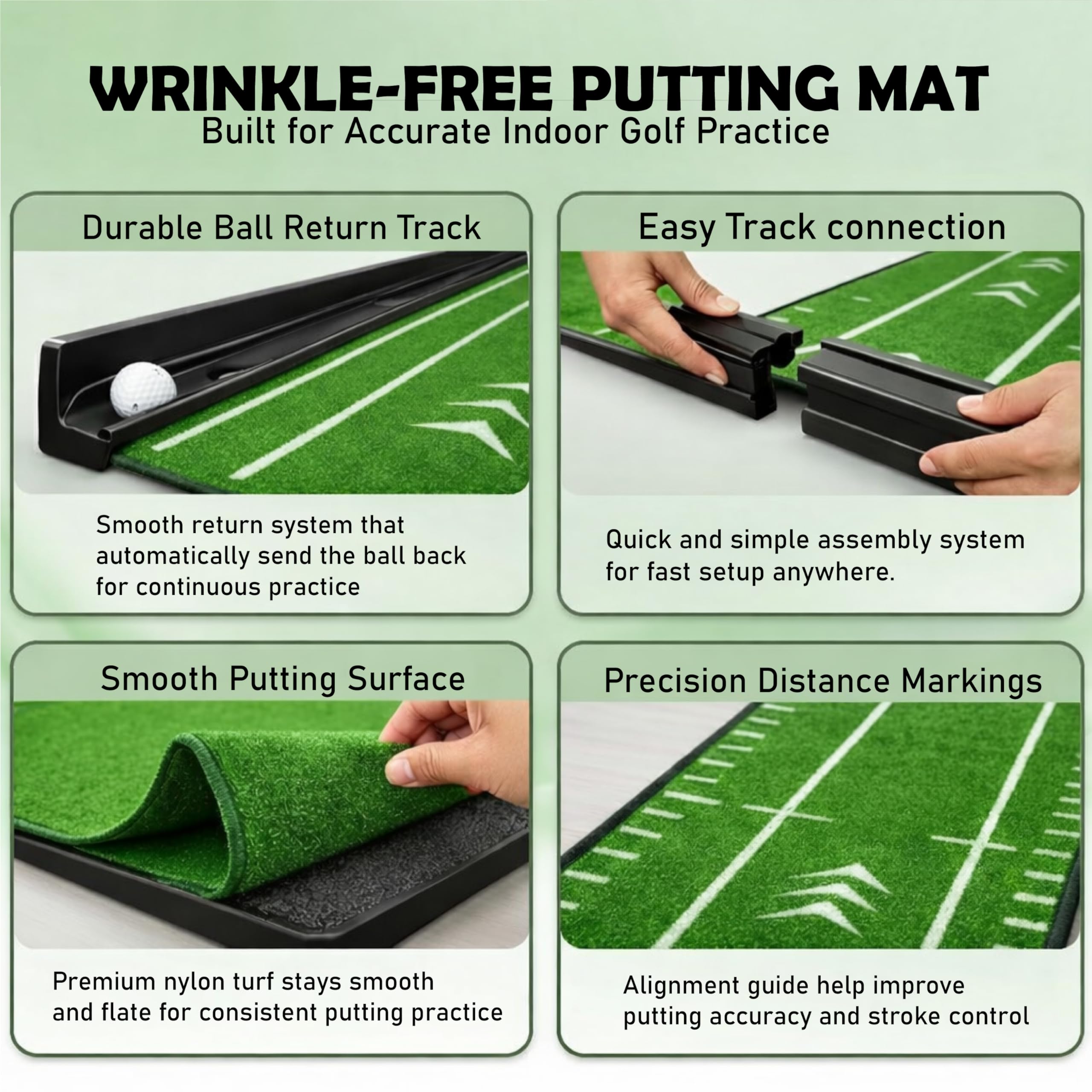 Putting Green Indoor | Tapete de golf sin arrugas con retorno automático de la bola, superficie antideslizante y marcas de alineación para una práctica precisa de putting en casa, oficina y al aire