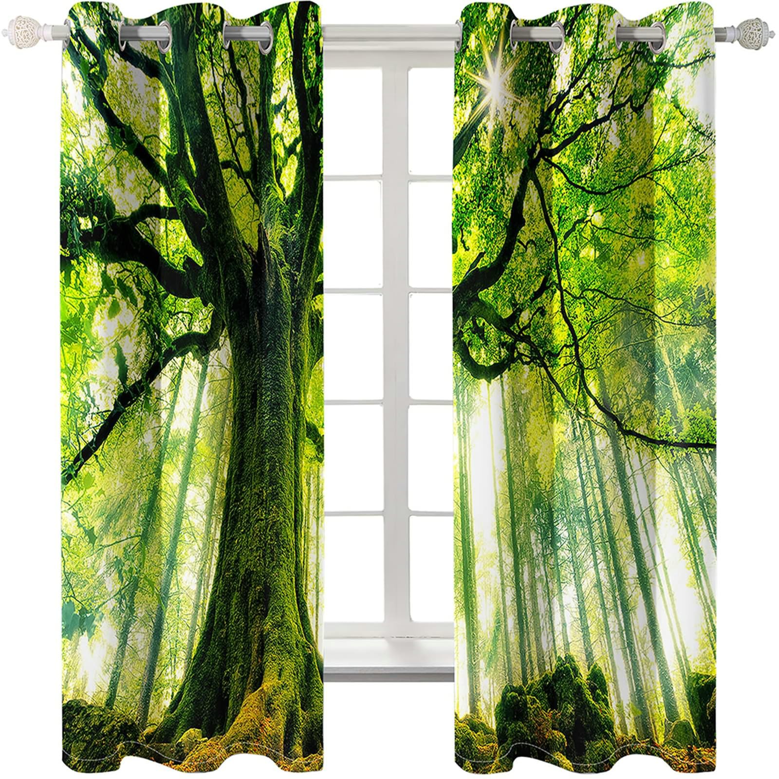 Gardinen Verdunkelung 2er Set 132x244CM, Vorhänge Blickdicht Fenster Natur Grün Bäume und Sonnenschein Verdunklungsvorhänge mit Ösen Jugendzimmer