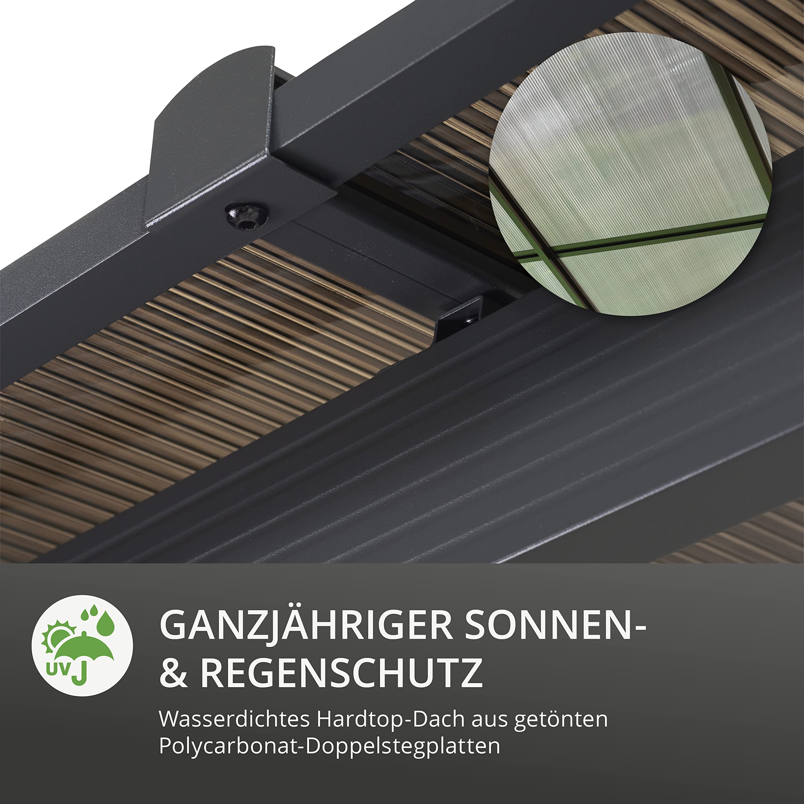 LECO Terrassenüberdachung – freistehende 3 x 4 m Überdachung mit wasserdichtem Hardtop-Dach (Polycarbonat-Doppelstegplatten) und verschließbaren Seitenteilen - lichtgrau