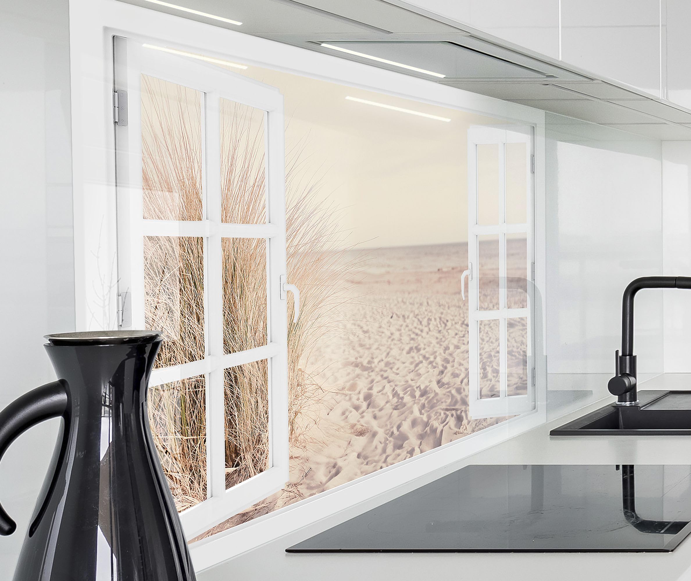 timalo Herd Spritzschutz Wand Spüle, Küche Küchenrückwand Glasoptik | Acryl Glas 2mm | Glasrückwand Acrylglas Fensterblick Fenster Rückwandschutz Platte | 80x60cm Meer Sand Strand Schilf