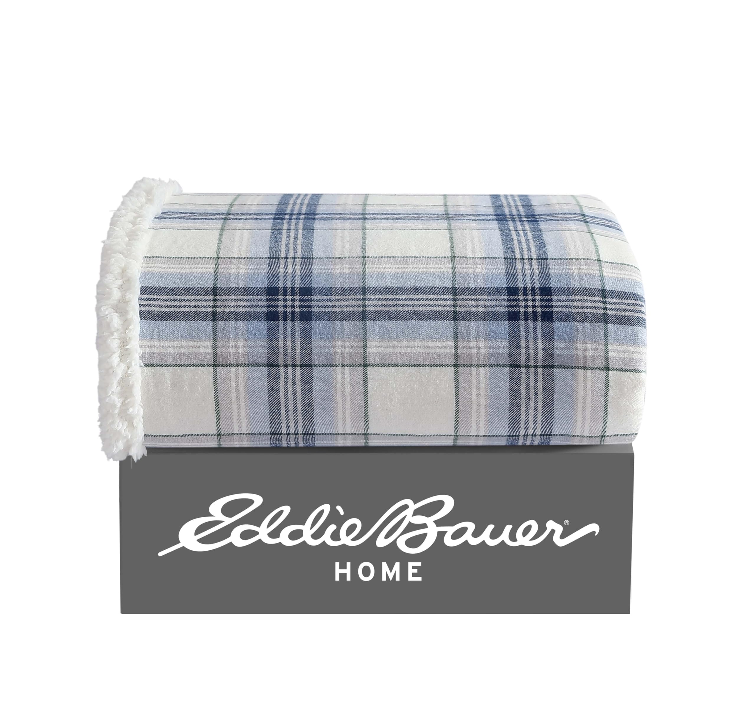 Throw Blanket, Super Soft Reversible Cotton Flannel Sherpa Bedding, Ideal Christmas & White Elephant Gifts, Cozy Plaid Throw Blankets for Couch (Edgewood Plaid Blue, Throw)