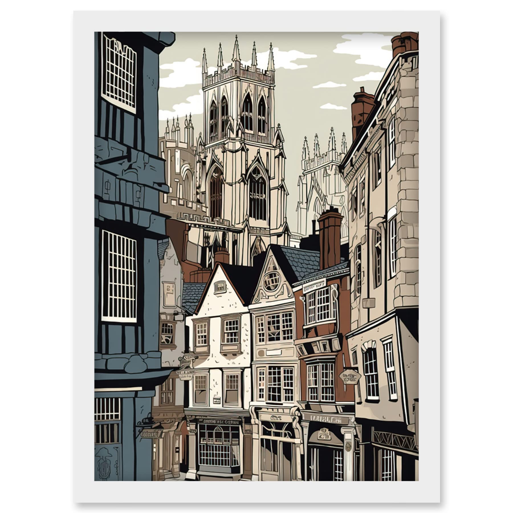 Artery8 Shambles Street Cityscape with York Minster Towers Artwork Framed Wall Art Print A4