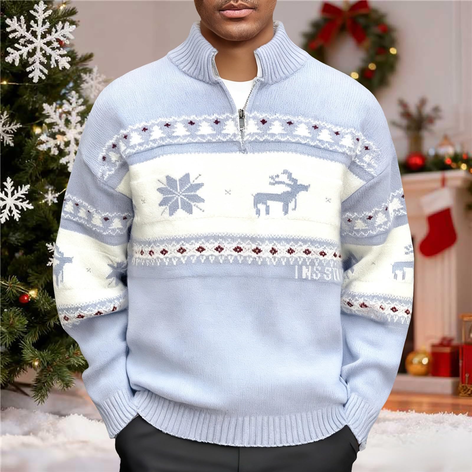 Generico Maglia Uomo Maglia A Coste Collo Alto Mezza Zip Motivo Natalizio Calda Ideale per Le Cene E Uscite delle Feste Invernali