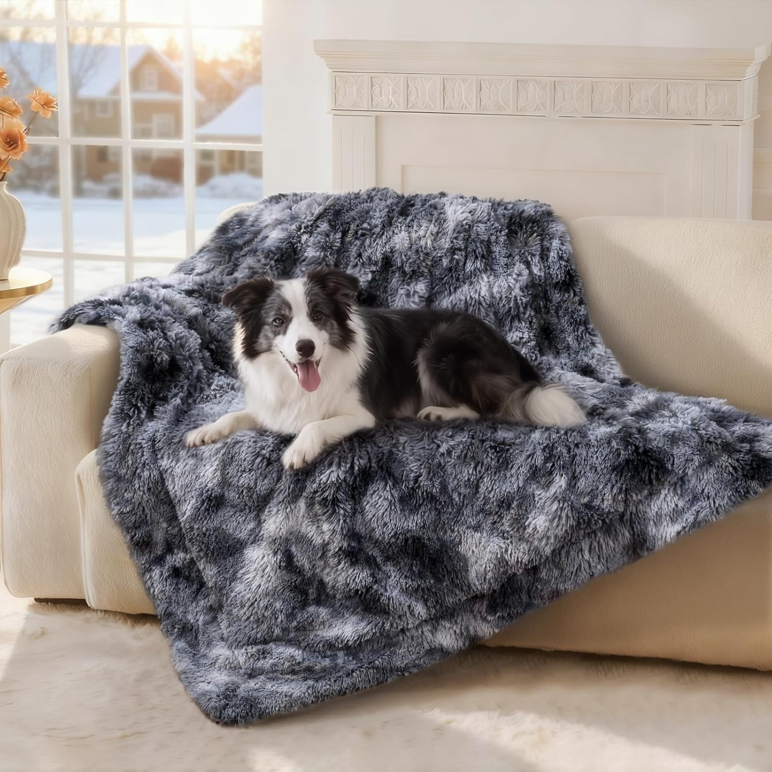 Luciphia Large Waterproof Dog Blanket for Pet Washable Liquid Proof Bed Intimacy Protection Shaggy Plush Calming Long Faux Fur Couch Cover Calming Cat Throw Blankets, Tie-dye Grey, 50" x 60"