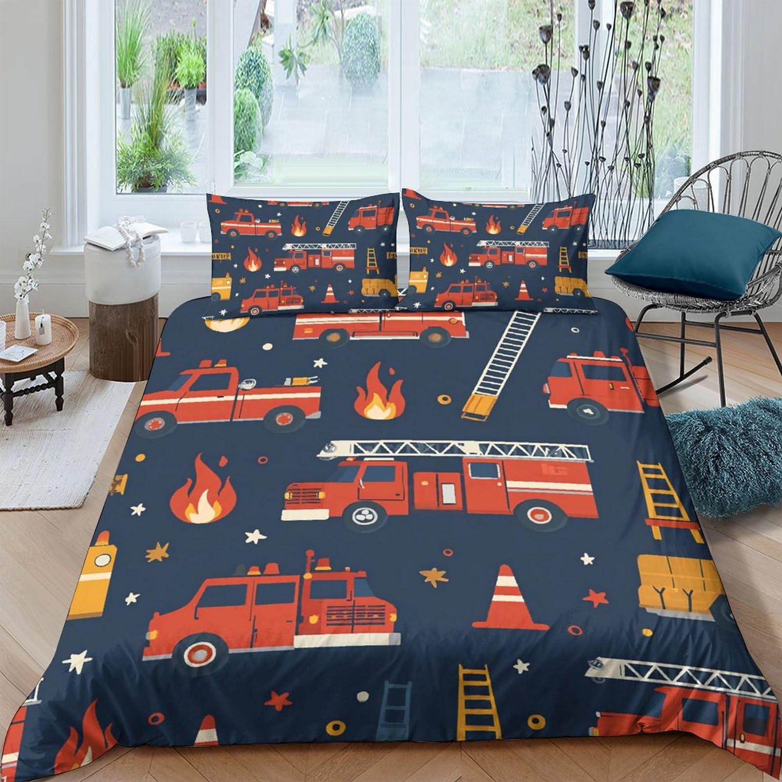 Ctjqhvkz Style-10 3D Printed Fire Truck Fitted Sheet Microfiber Soft Bedroom Decor Firefighter Bed Cover For Adults Teens Dorm Room Single（135X200cm）