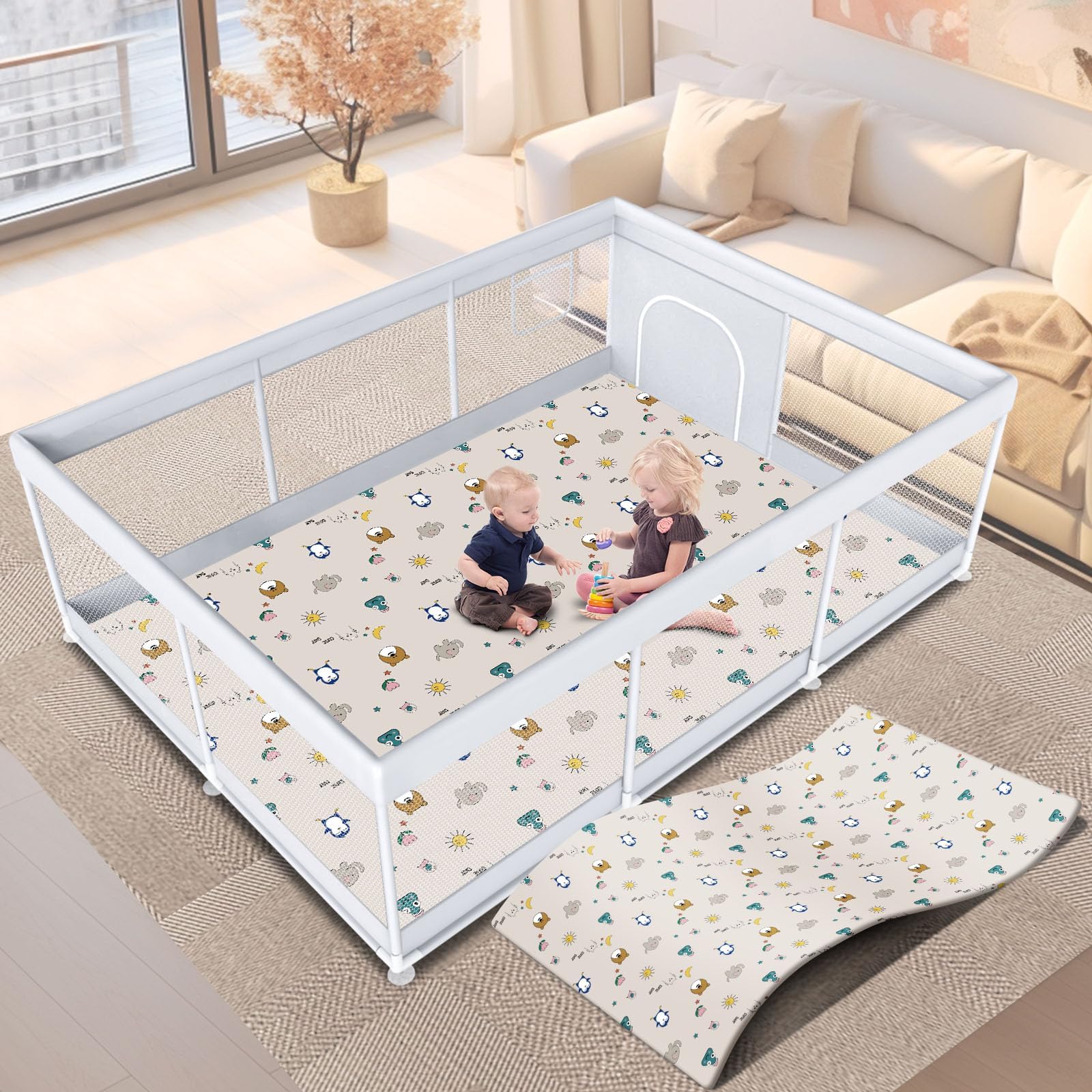 Baby Playpen with Mat 74" x 50" Large Play Yard Playpen for Babies and Toddlers with External Zipper Door Design Safety Baby Activity Center with Visible Mesh Non-Slip Play Pen(Mat Included)