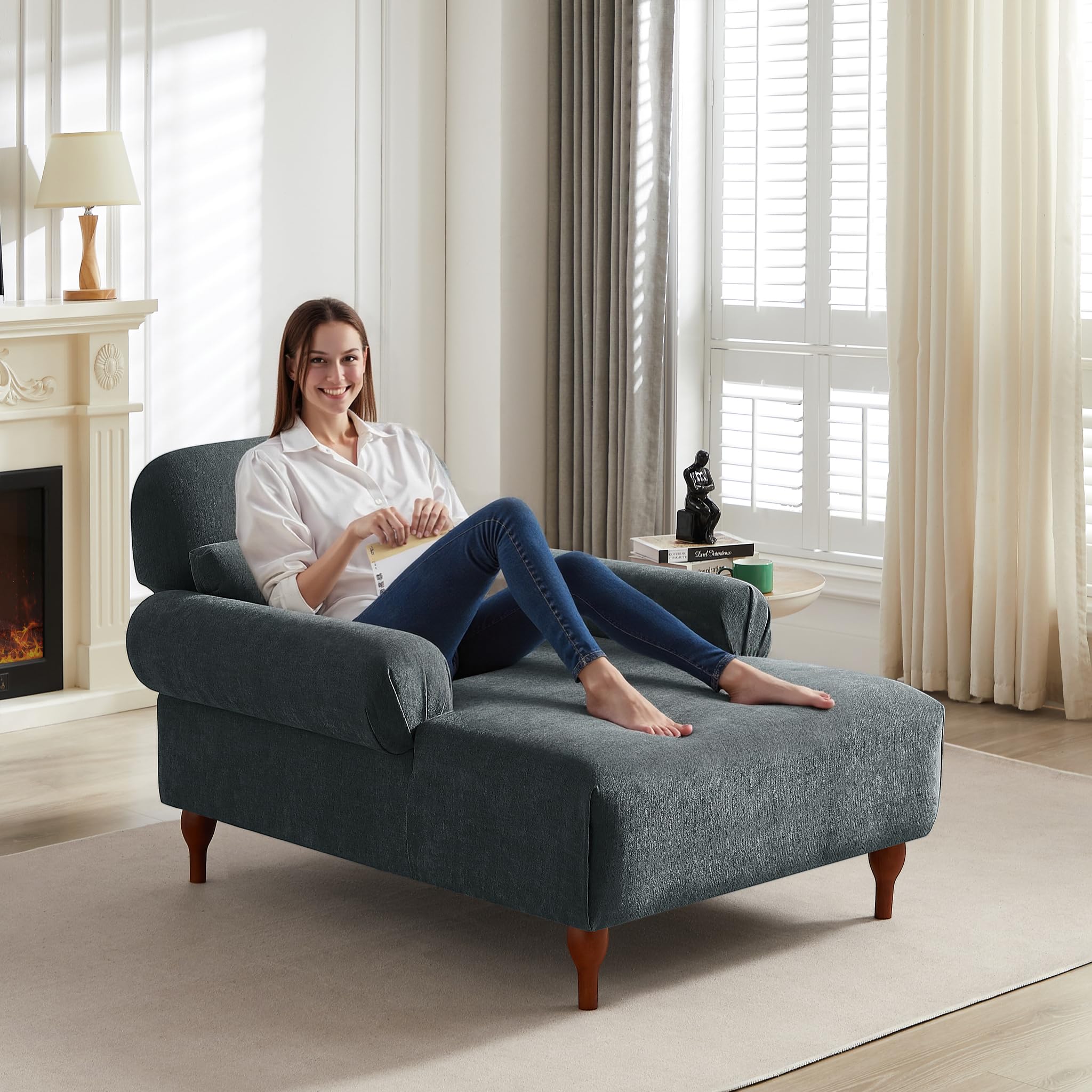 chaise indoor lounge chair with adjustable backrest classic indoor chaise chair upholstered lounger fabric cream white with wood legs for bedroom and livingroom(fabric dark gray)