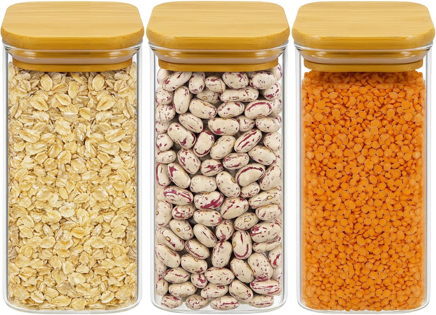 MARKQ Glass Storage Jar with Bamboo Lid, 1250ml, 8x20cm – Tall Airtight Kitchen Container for Flour, Sugar, Pulses, Rice & Everyday Pantry Essentials, Pack of 3