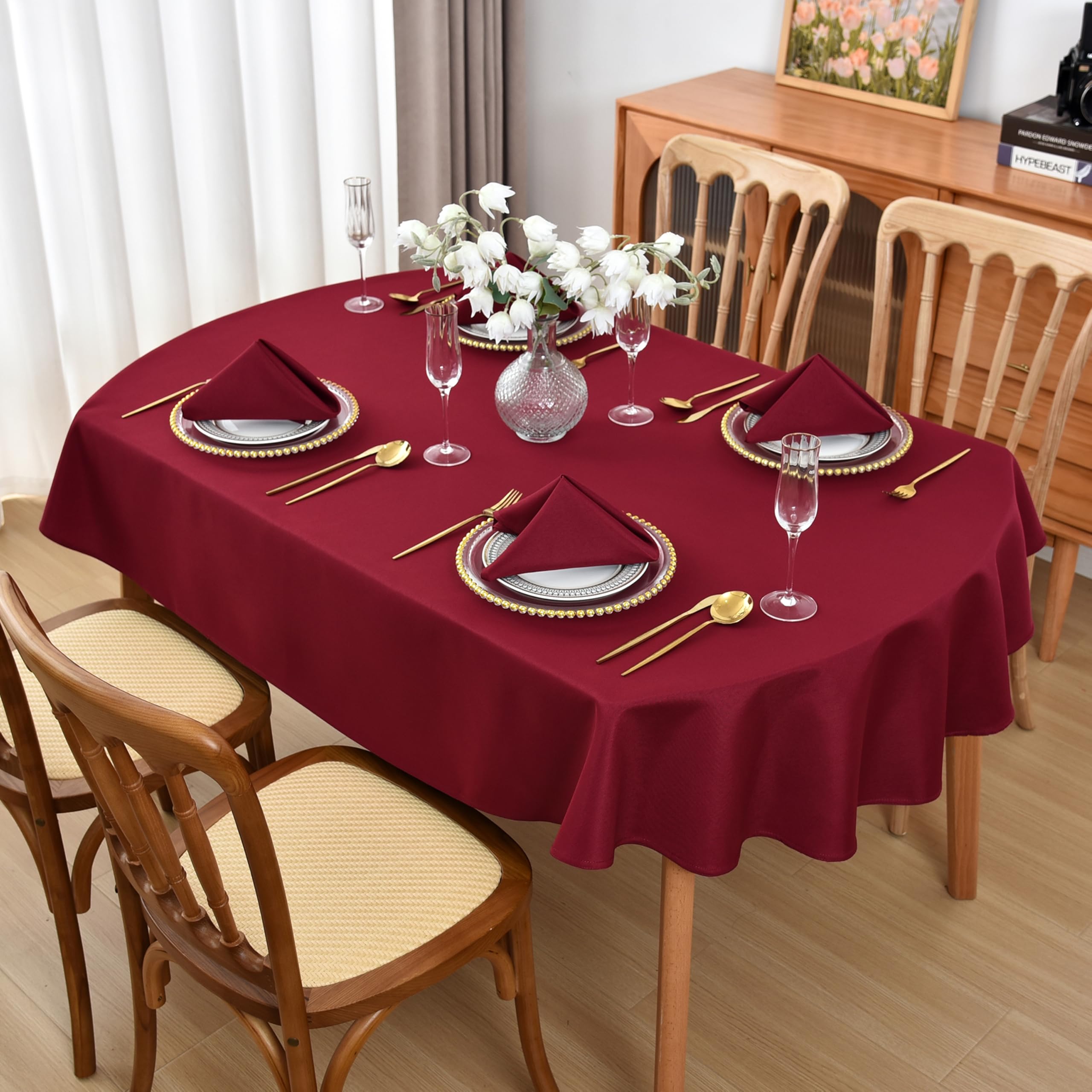 Burgundy Oval Tablecloth, 60 x 84 Inch, Stain and Wrinkle Resistant Machine Washable Polyester Table Cloth, Fabric Table Cover for Dining Buffet Party and Outdoor Use-image-47
