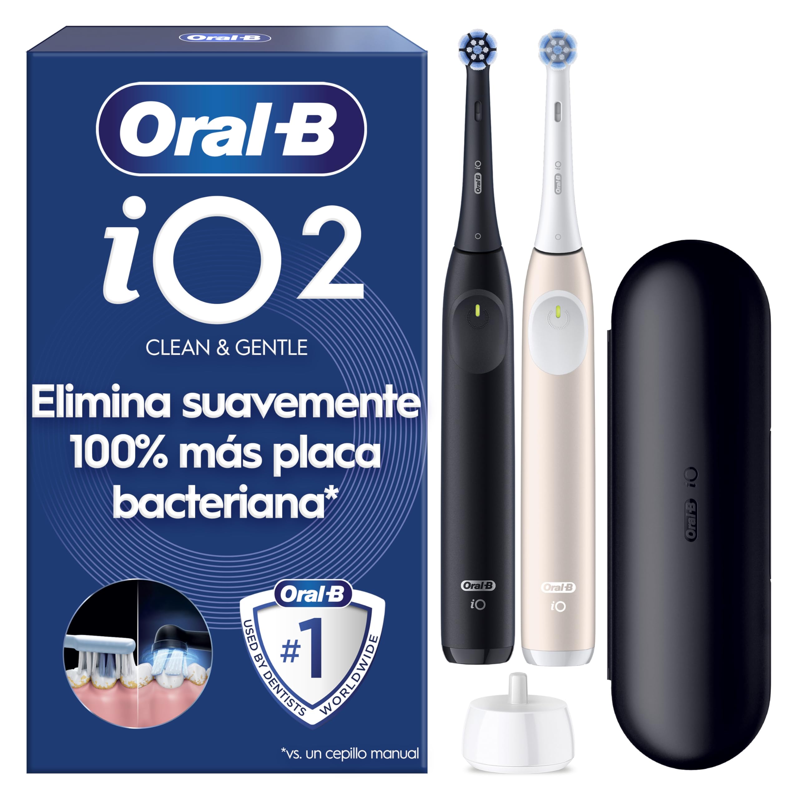 Oral-B iO2 Electric Toothbrushes, Black and Pink, Pack of 2, 2 Heads – Oral B Toothbrush with 3 Brushing Modes, Pressure Sensor, Long Battery Life and Travel Case