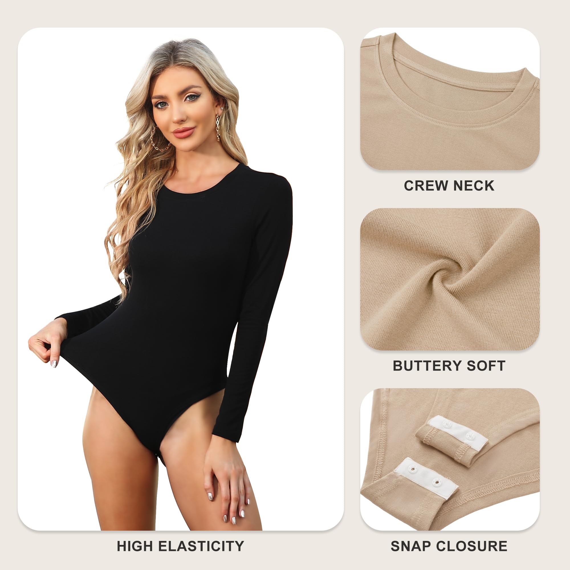 CE' CERDR Paquete de 4/5 mamelucos de manga larga para mujer, cuello redondo, casual, elástico, básico, cuello redondo, trajes de cuerpo