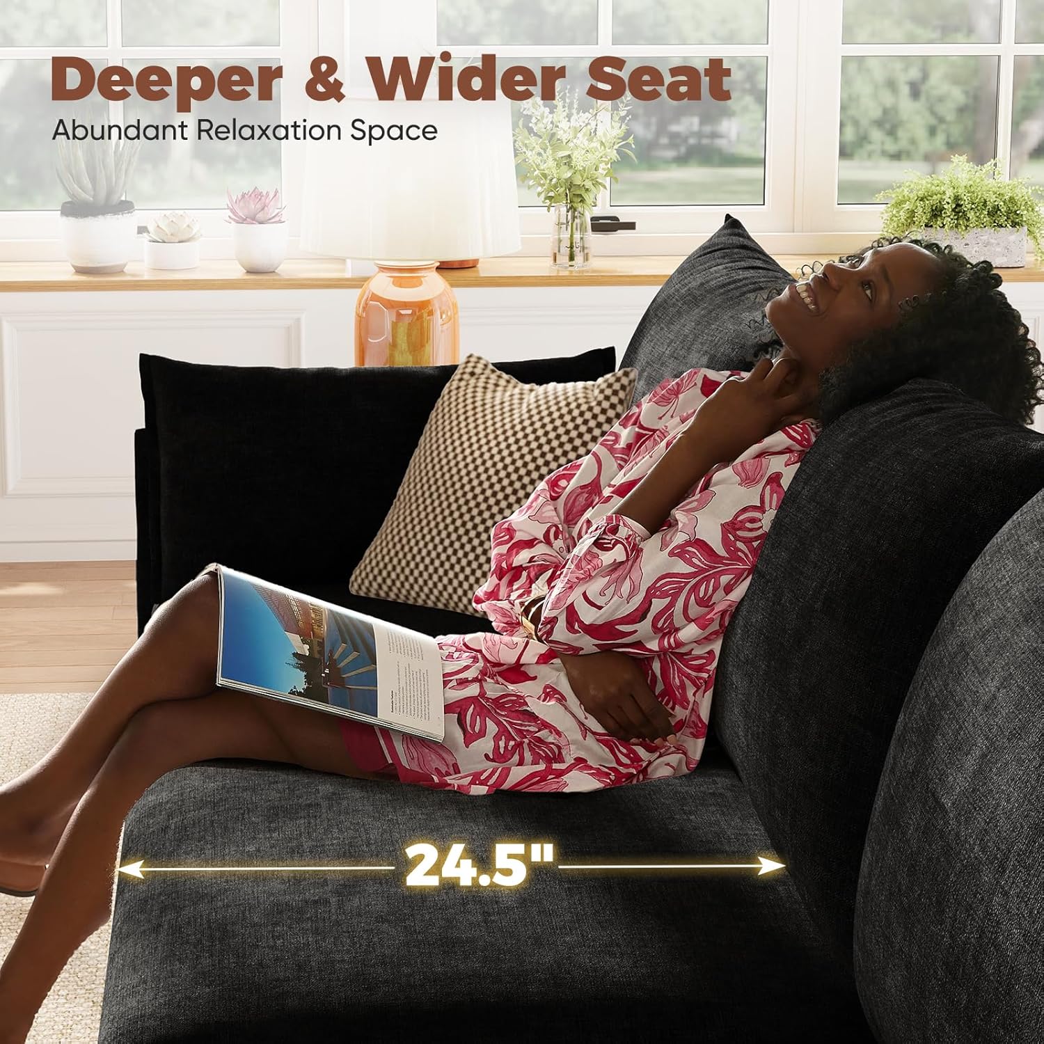 ABCASA 102.6" Luxury Modular Sleeper Sofa Bed 6 Seat Reversible Sectional Couch Deep Seat with Storage Chaises Removable Cover for Living Room, Apartment - Chenille Black Sofa Bed(3+3) Black