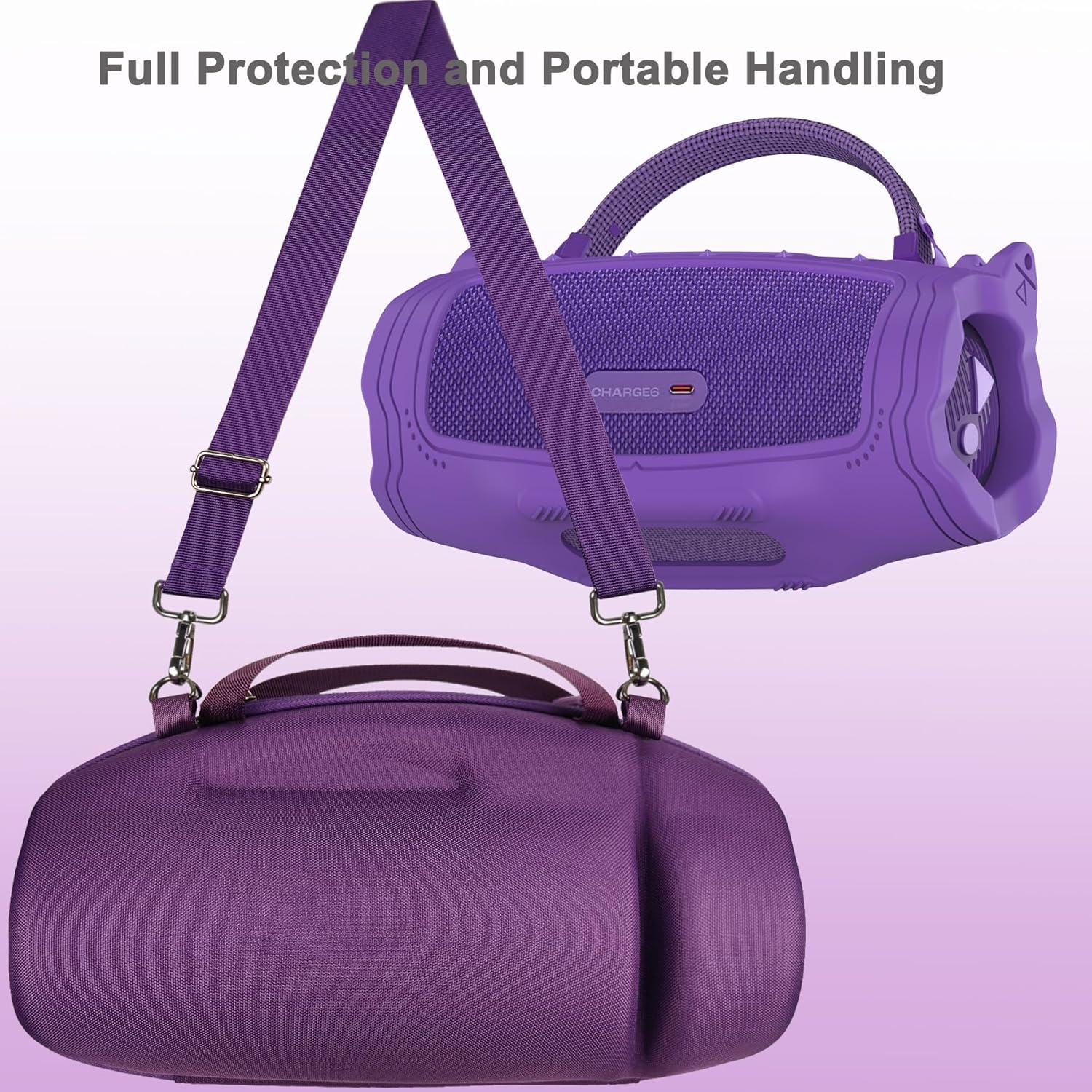 JCHPINE Silicone Cover and Hard Carrying Case for JBL Charge 6 Portable Bluetooth Speaker Accessories, Protective Cases for JBL Charge 6 AI Sound Bluetooth Speaker with Shoulder Strap (Purple) - Image 3