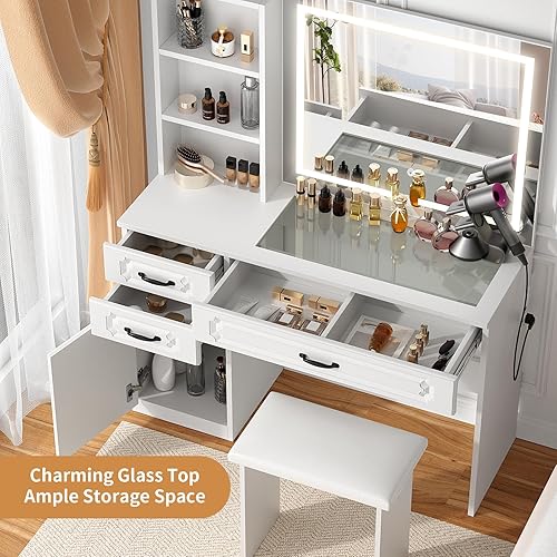 Miniatura 2 de VOWNER Tocador con espejo iluminado escritorio de maquillaje con parte superior de vidrio, tira de corriente, cajones y estantes, 3 modos de