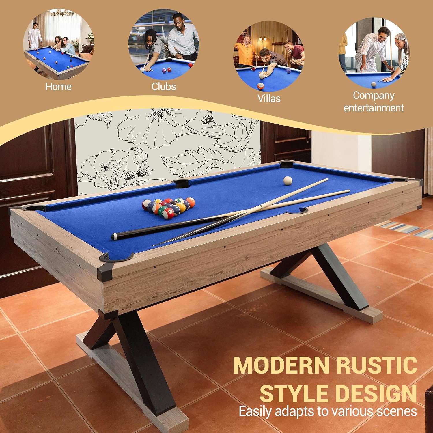 84-Inch Solid Wood Pool Table - Modern Billiard Table Set with 2 Cues, Billiard Balls, Cue Rack, Chalk, and Cleaning Brush Durable Design for Ultimate Game Experience