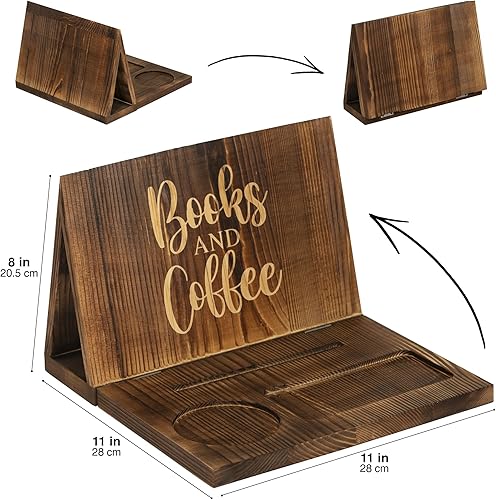 Miniatura 2 de Soporte para libros de madera para reposapáginas, soporte para libros con taza, soporte para vidrio y bolígrafo, regalo ideal para amantes de los