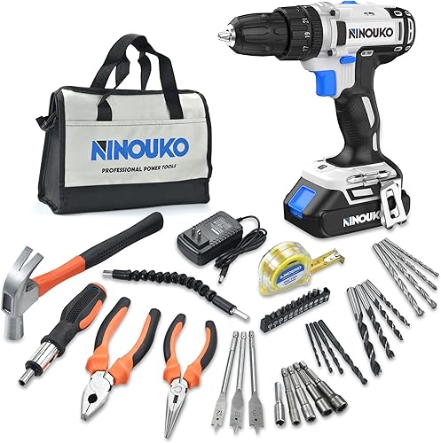 NINOUKO Taladro eléctrico inalámbrico, juego de taladro de impacto eléctrico de 20 V con batería y cargador rápido, 2 velocidades variables, ajuste