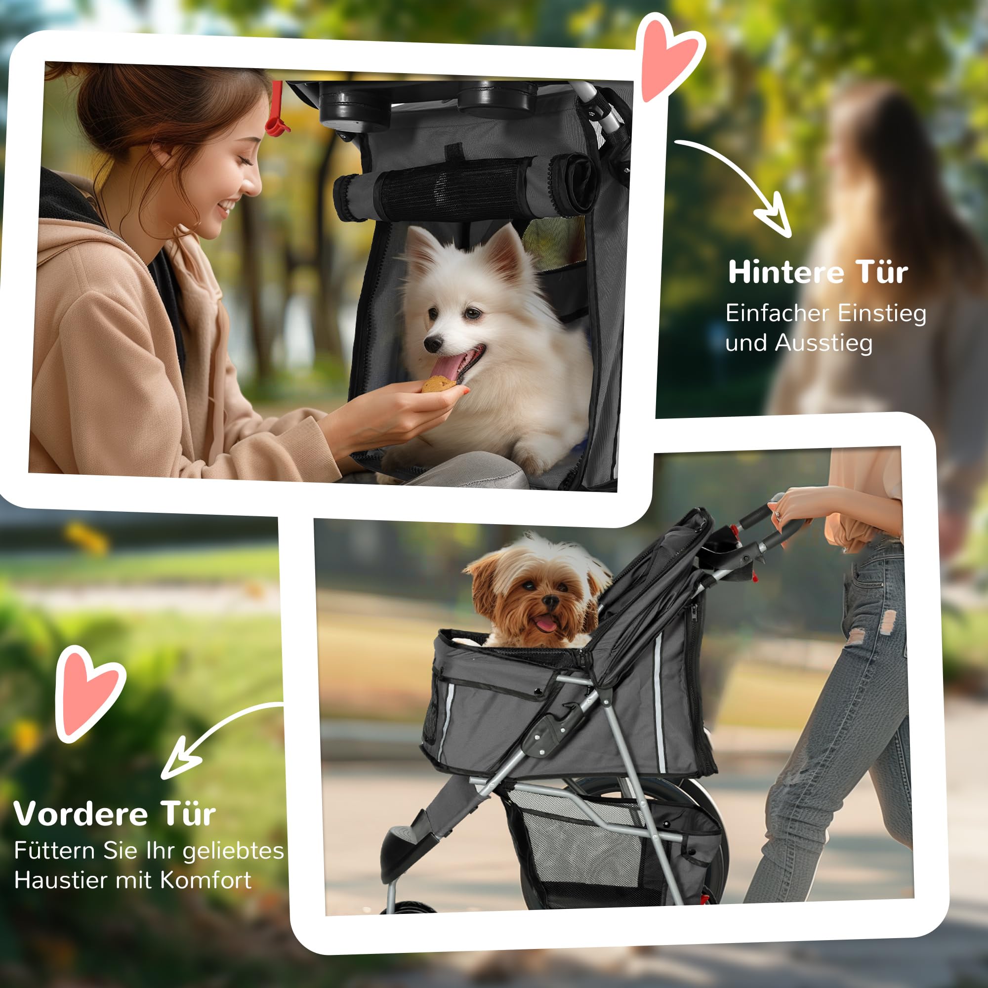 PawHut Hundewagen Hundebuggy klappbar für Hunde & Katzen bis 10 kg Katzenbuggy mit Kissen Netzfenstern Getränkehalter Aufbewahrungstasche Katzenwagen Buggy Dunkelgrau