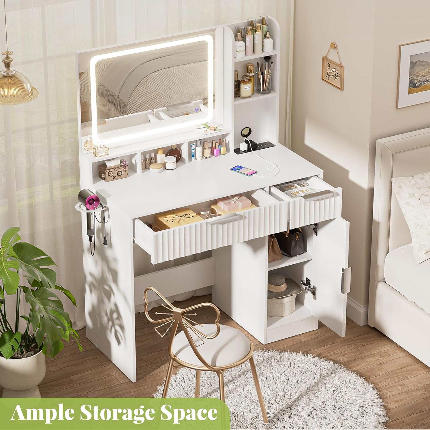 Cyclysio Fluted Vanity Desk with Mirror and Lights, Wood Makeup Vanity Desk with Charging Station, Modern Dressing Table with Drawers & Cabinet for Bedroom, White