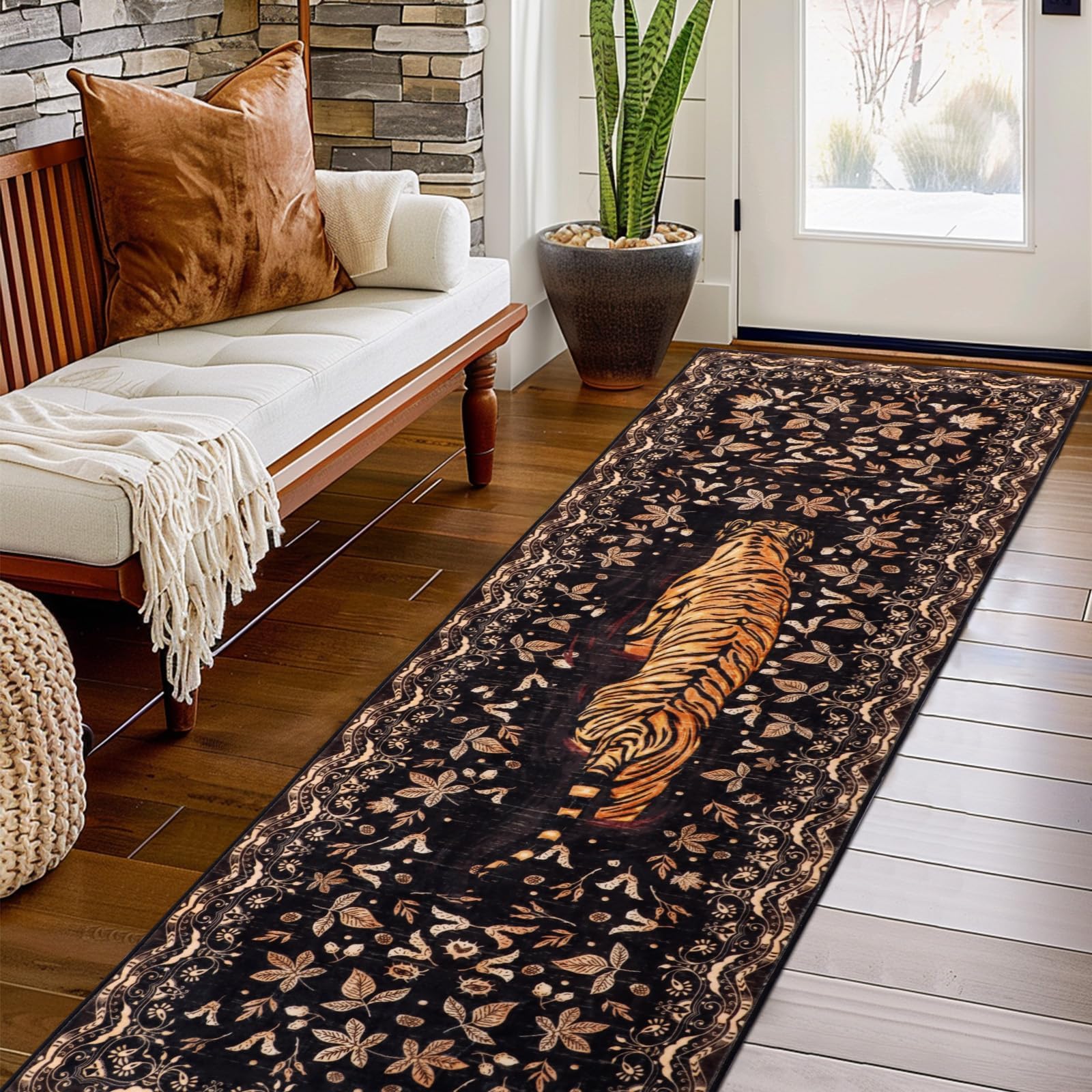 TUKDAK Tiger Hallway Runner Rug 60×180cm,Black Gold Washable Kitchen Carpet Runners with Non-Slip Rubber Backing,Short Pile Non-Shedding Bedroom Rug,Vintage Animal Floor Mat Entryway Door Entrances — image 1