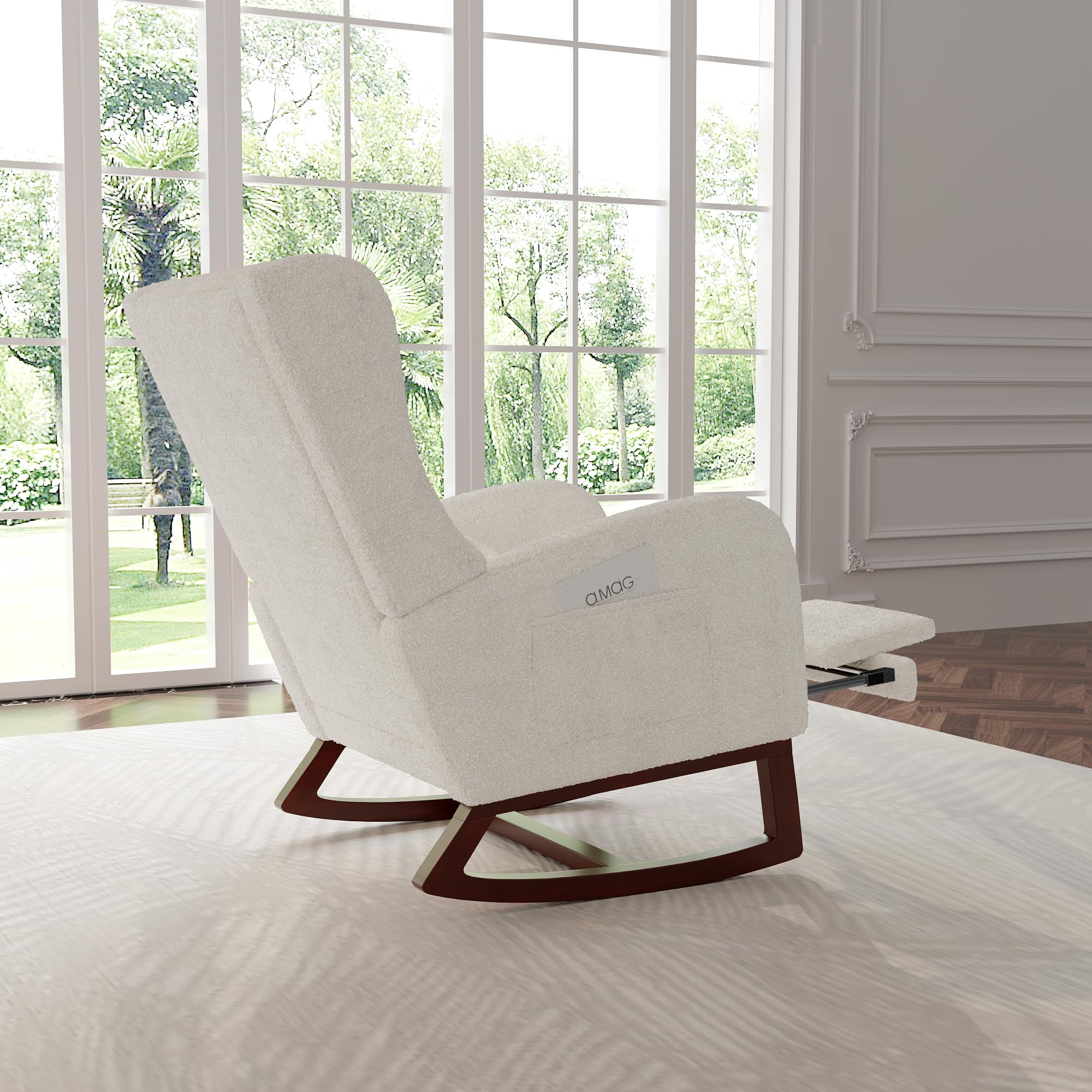 BRILVERDE Mecedora Lactancia, sillón Relax con reposacabezas, Mecedora escandinava con Bolsillos Laterales y Base de Madera Maciza, para salón, balcón, salón (Borreguito con reposapiés, Blanco)