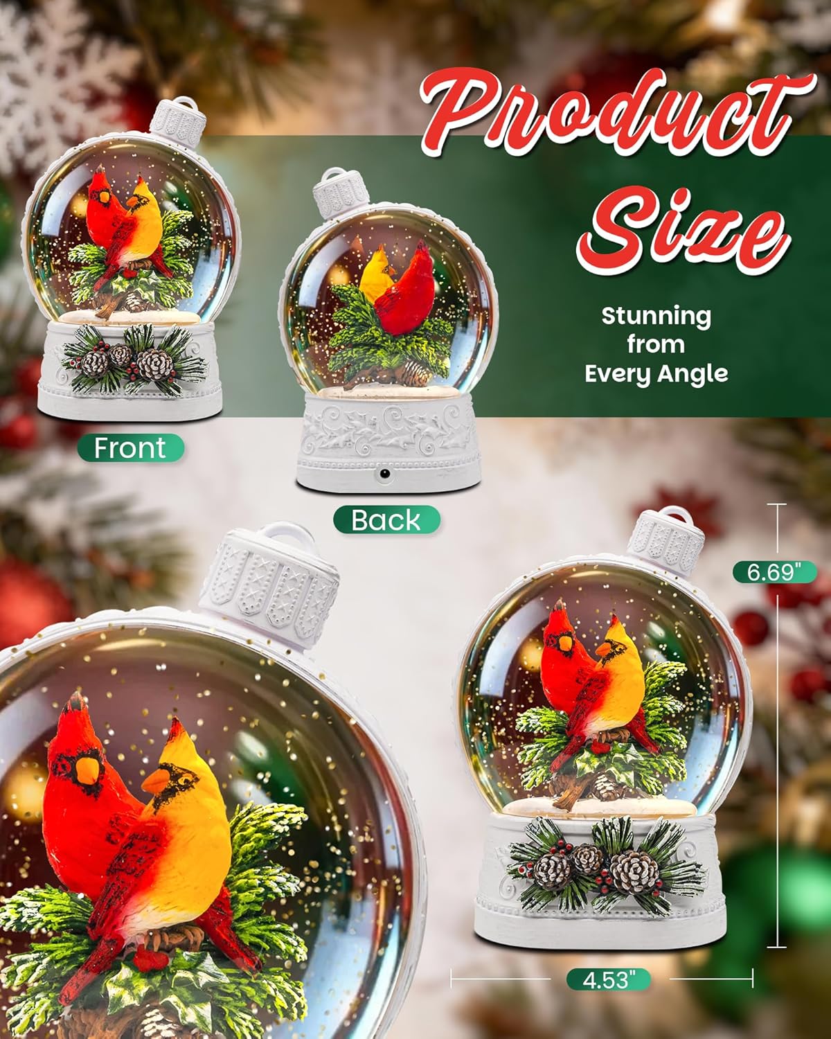 Christmas Cardinal Snow Globe Light up Lantern with 8 Songs, 6.7" White Christmas Snow Globes for Kids Adults, 6H Timer & Dual Power, Snowglobes Christmas Decorations Indoor, Gifts for Women Men - Image 5