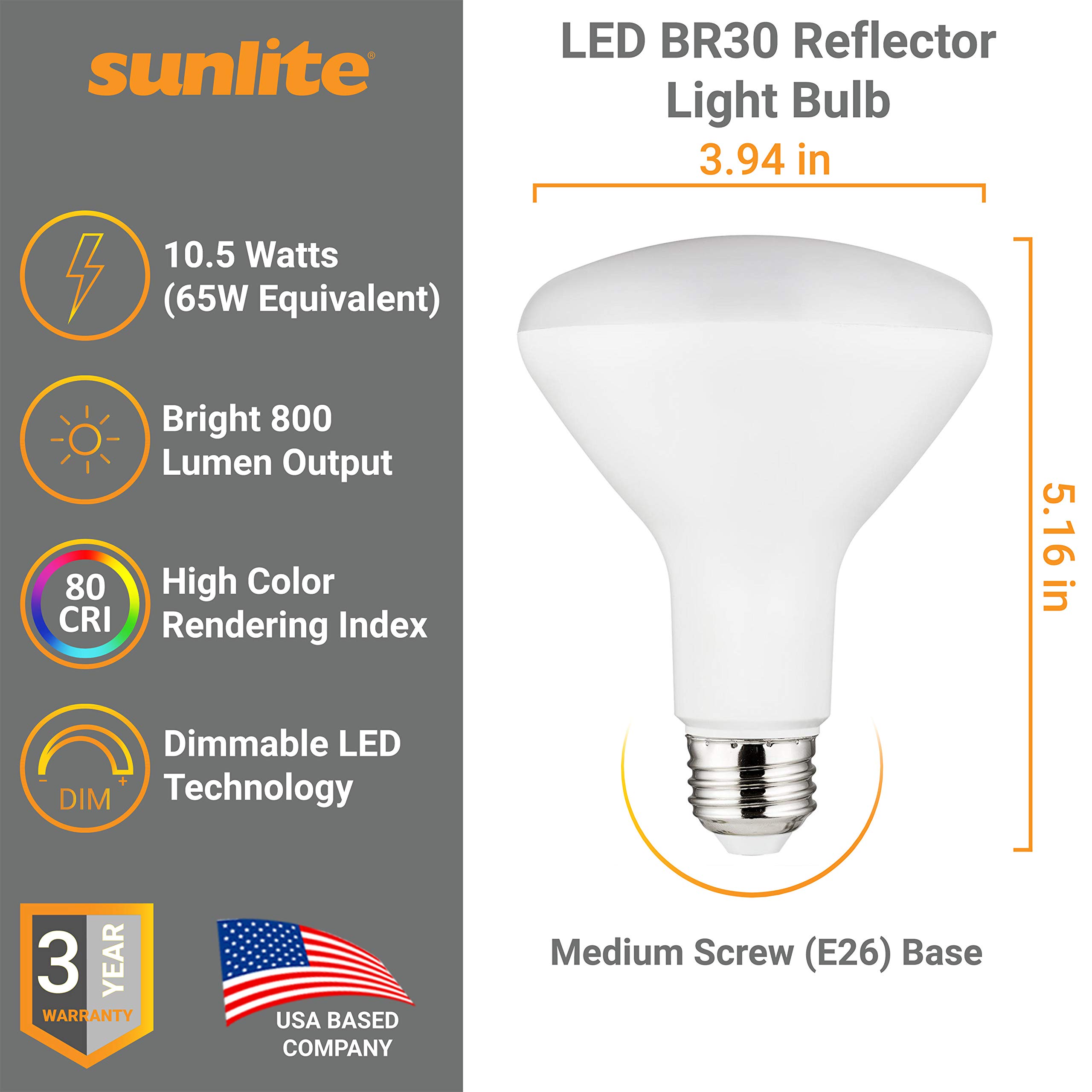 Sunlite 81395 LED BR30 Recessed Light Bulb 10 5 Watt 65w Equivalent 800 Lumens Medium E26 Base Dimmable — view 2