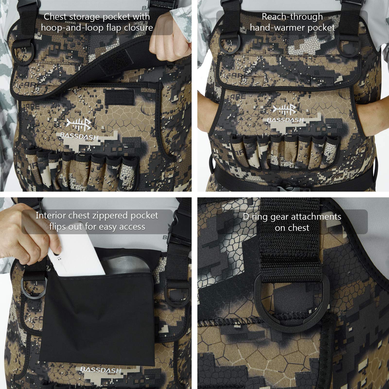 BASSDASH Bare Camo Cuissardes de pêche en néoprène pour homme avec pied isolé en caoutchouc de 600 g