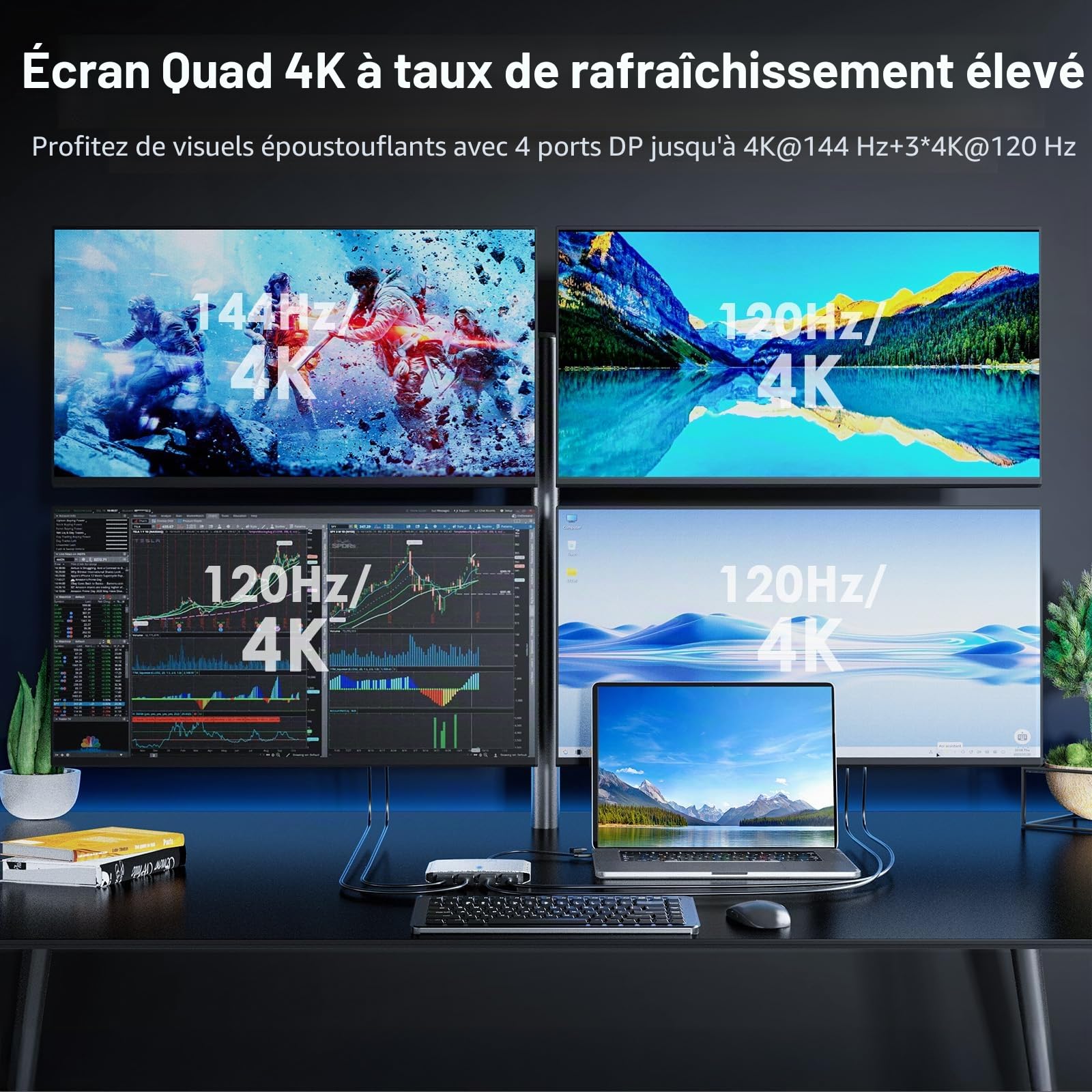 WAVLINK Répartiteur USB 3.0 USB C vers Quad Displayport pour Quatre écrans avec 85W PD, Adaptateur Displaylink 4 DP 4K @ 120 Hz pour Mac M1/M2/M3/M4 & Windows, Compatible avec Le Nouveau MacBook Neo