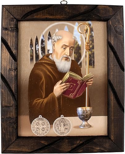 Mrcjsales - San Benito en marco rústico, pintura al óleo, 24 x 36 pulgadas, 13 x 18 pulgadas, 10 x 12 pulgadas, imagen de arte religioso, San