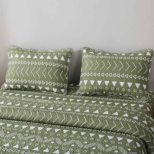 Miniatura 4 de Juego de edredón bohemio con estampado geométrico, colcha ligera y ultrasuave de 3 piezas, color verde salvia, colcha de microfibra de 1400 hilos,