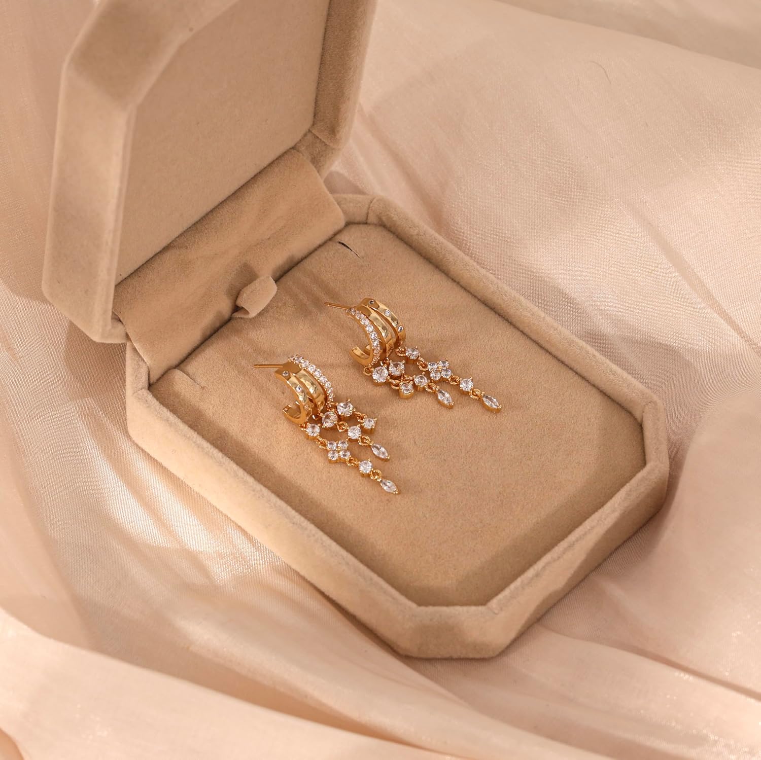 Gold Dangle Earrings for Women,Dainty 14K Gold Plated Triple Huggie Hoop Earrings Cute Statement Drop Earrings for Women Trendy Hypoallergenic CZ Gold Earrings Non Tarnish Wedding Prom Jewelry