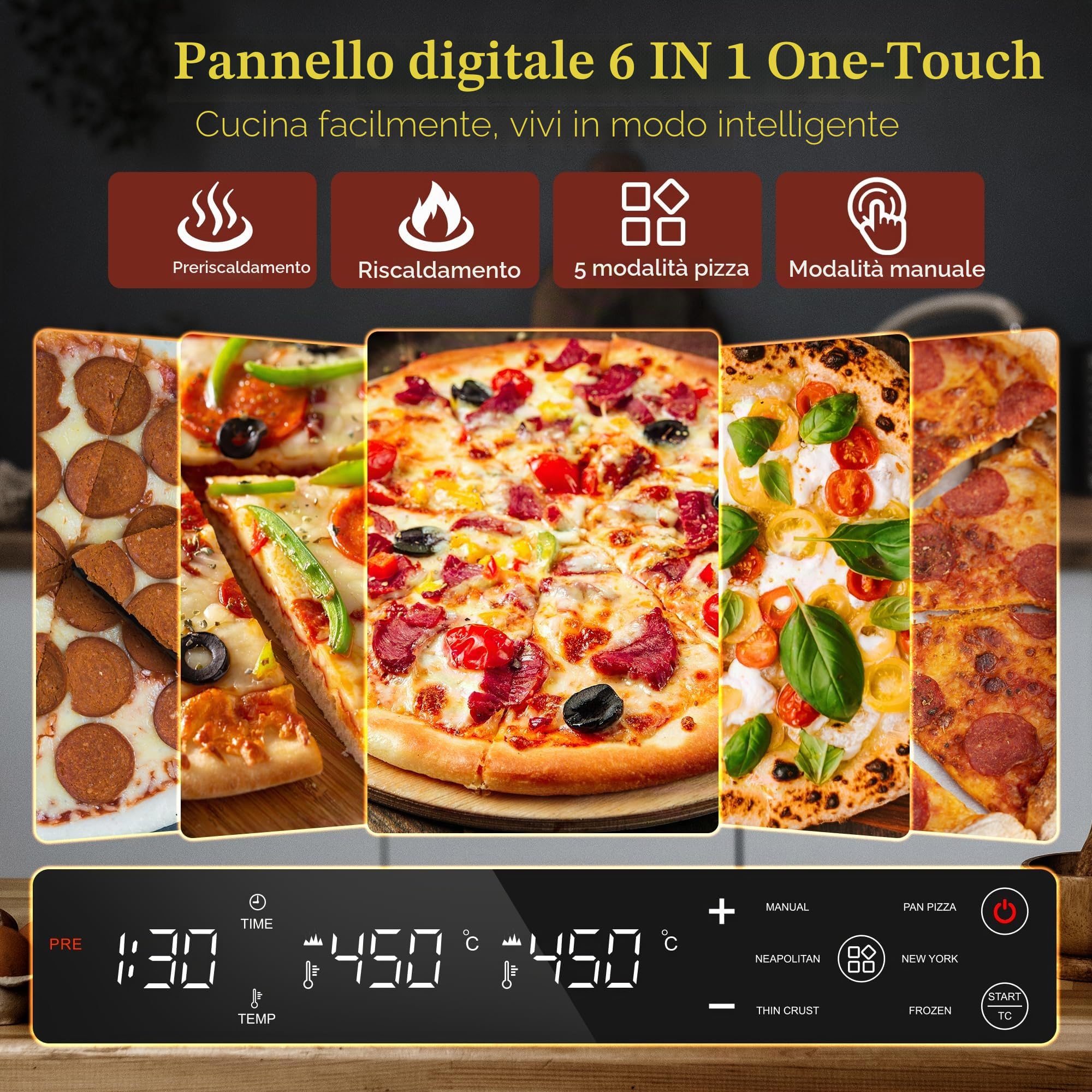 Forno per pizza elettrico - 6 programmi, 1700 W, temperatura massima 450 °C, ideale per pizze da 32 cm - 5 in 1: pizza, grill, mantenimento caldo, cottura e pasticceria