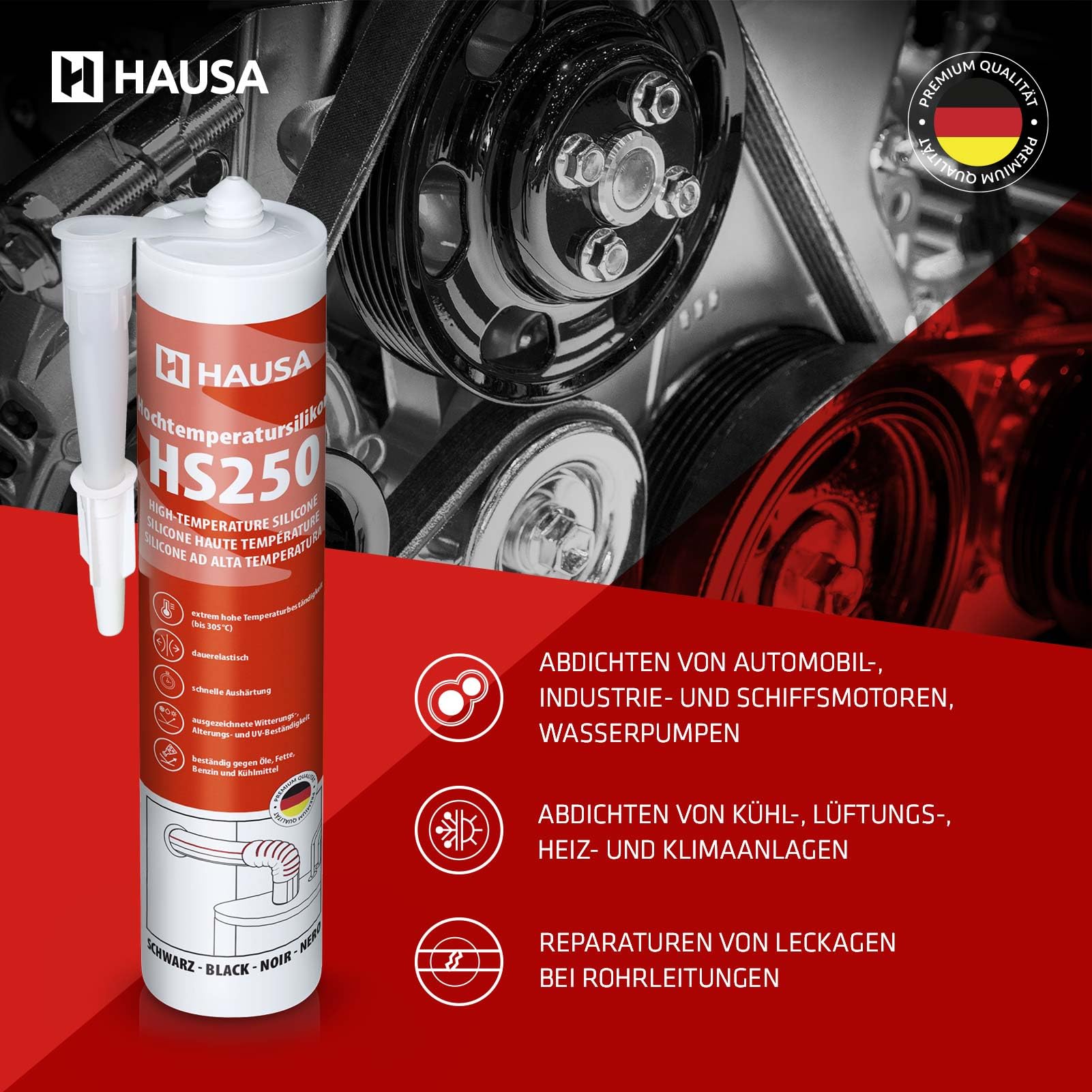 Hausa HS250 Profi Hochtemperatur Silikon schwarz 24 x 300ml Kartuschen Dichtmasse +305°C Dichtstoff zum Kleben Abdichten von Öfen Kochfeldern Motoren dauerelastisch Öl-, Benzin- & Hitzebeständig