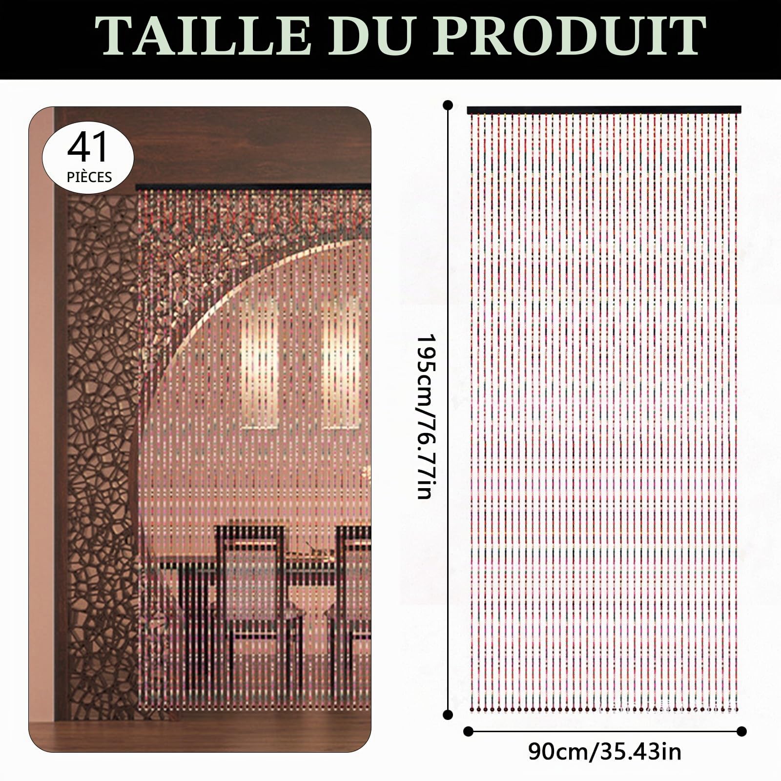 Rideau de perles pour porte de balcon, 90 x 195 cm, moustiquaire à 41 brins, bamboo door curtain, bohème style window, entrance, bathroom