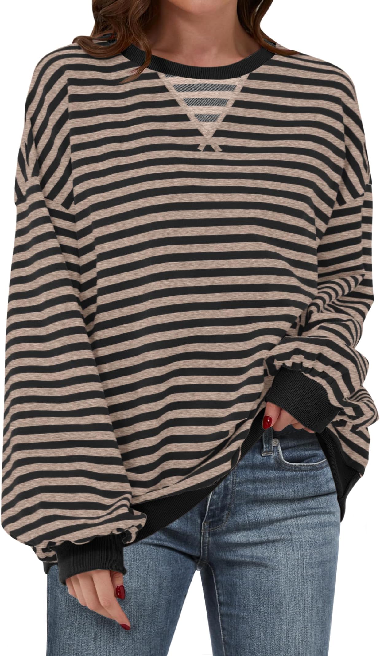 ANRABESS Women Striped Sweatshirts Oversized Crewneck Long Sleeve Shirts Y2K Pullover Top 2025 Fall Outfits Fashion Clothes