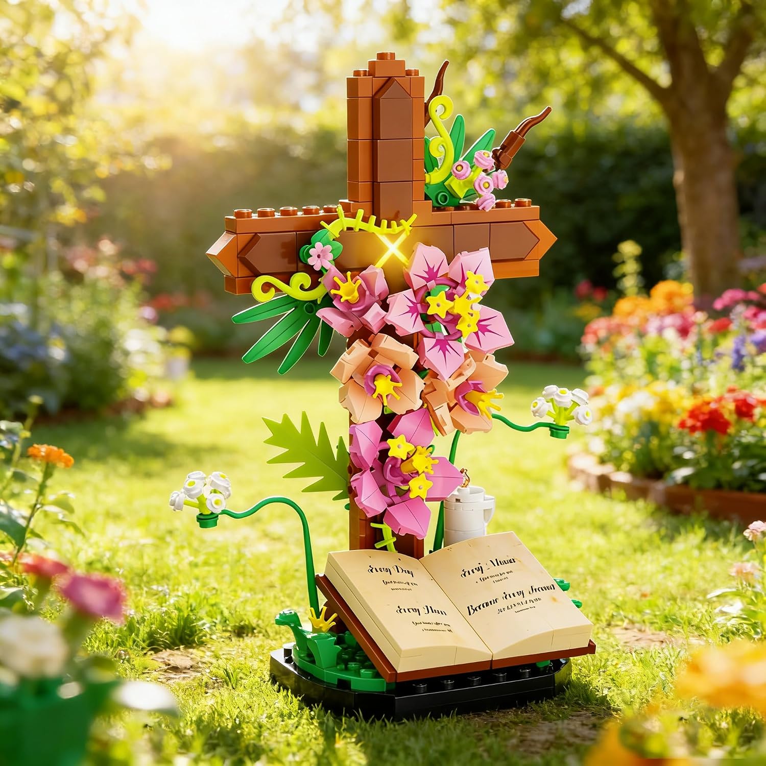 LED Light-Up Christian Cross Building Block Kit (Requires Assembly) – Floral Enchanted Cross with Glowing Accents, Open Bible & Candle, Religious Decor for Adults & Collectors