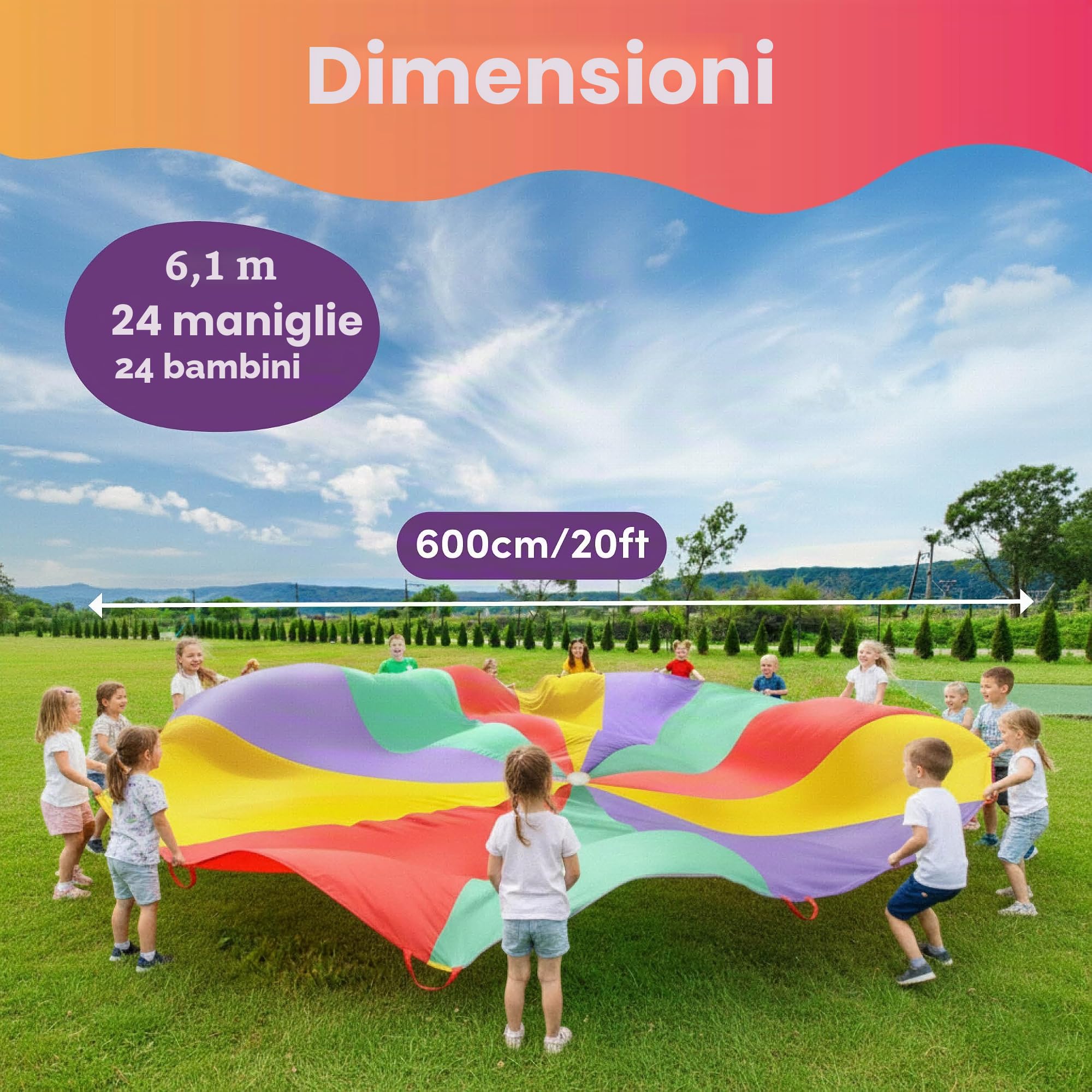 THE TWIDDLERS XXL Grande Paracadute Arcobaleno con 24 Manici per Bambini - 6m - Ottimo Come Gioco di Gruppo