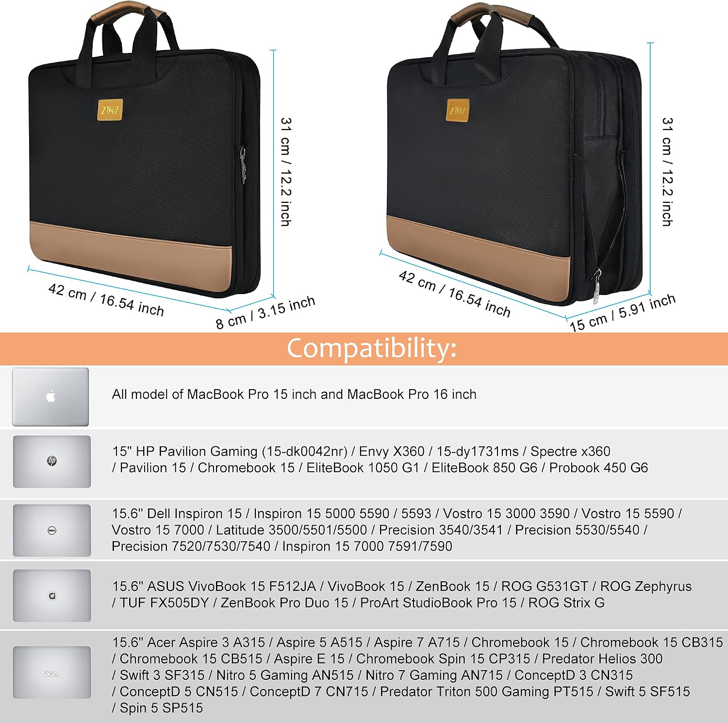 Laptop Case 15.6 Inch Briefcase Slim & Expandable Anti-Theft Laptop Sleeve Eco-friendly High-end Water-Resistant TSA Notebook Carrying Bag Handbag with Shoulder Strap for Men and Women,Dark Black
