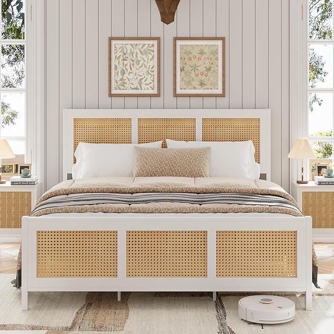 Garveehome Queen Size Rattan Bed Frame with Headboard