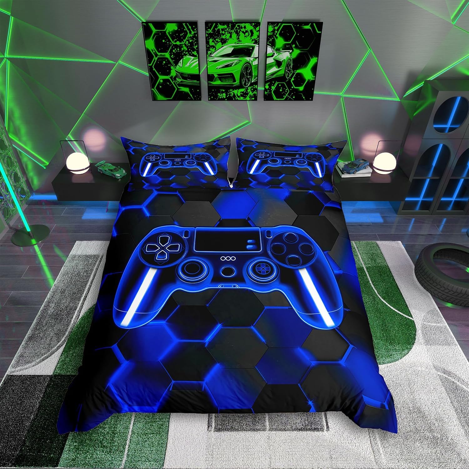 Gamer Duvet Cover Gaming Bedding Set for Kids Boys Girls Teens Room Decor Blue and Black Game Console Comforter Cover Junior/Cot Bed Gamepad Honeycomb 2Pcs Zipper Soft Lightweight Microfiber