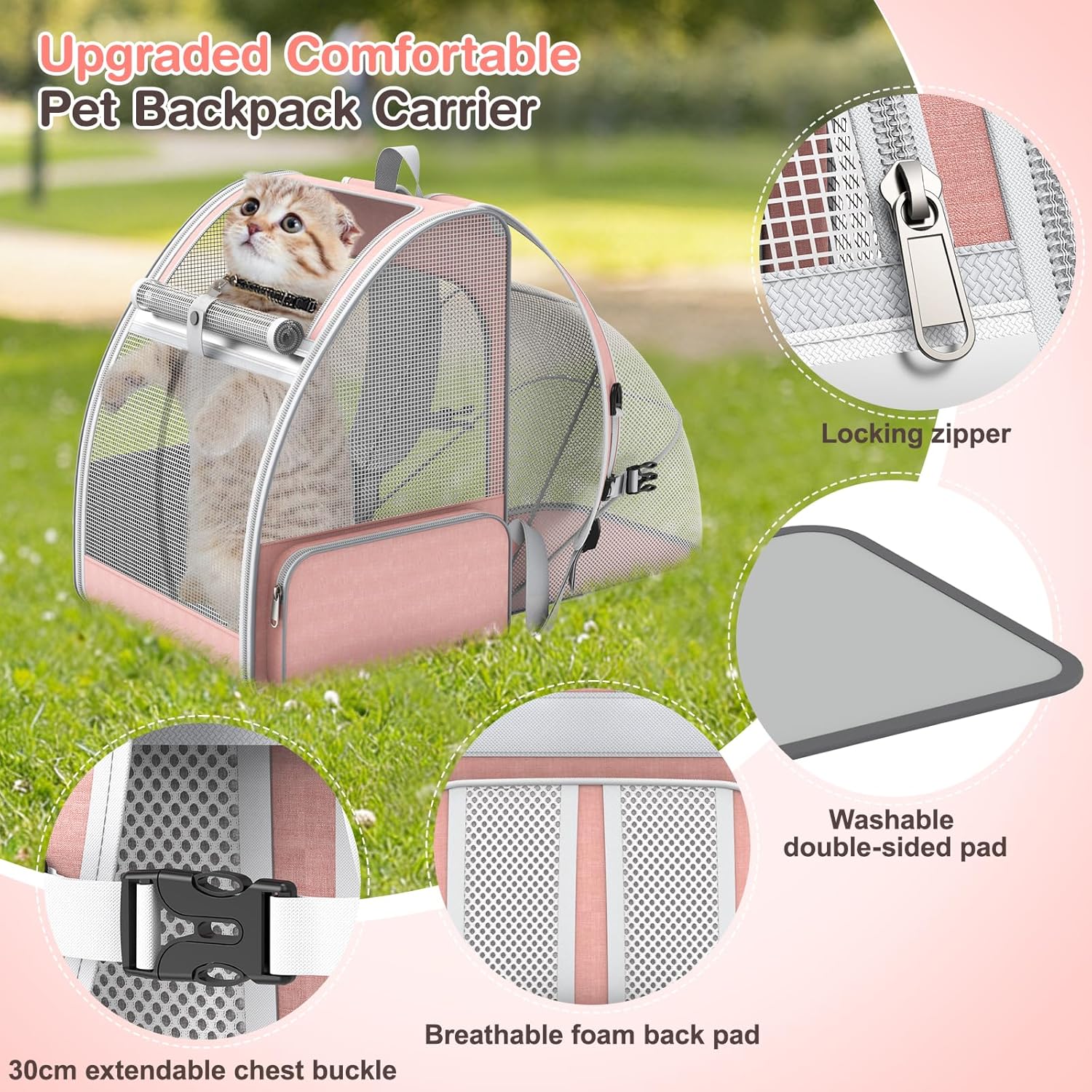 Cat Backpack Carrier Expandable for Travel: Foldable Pet Backpack with Breathable Mesh for Medium Small Dog Cat Puppy Kitten up to 15 Lbs, Cat Carrier Soft Backpack for Hiking Camping Outdoor(Pink)