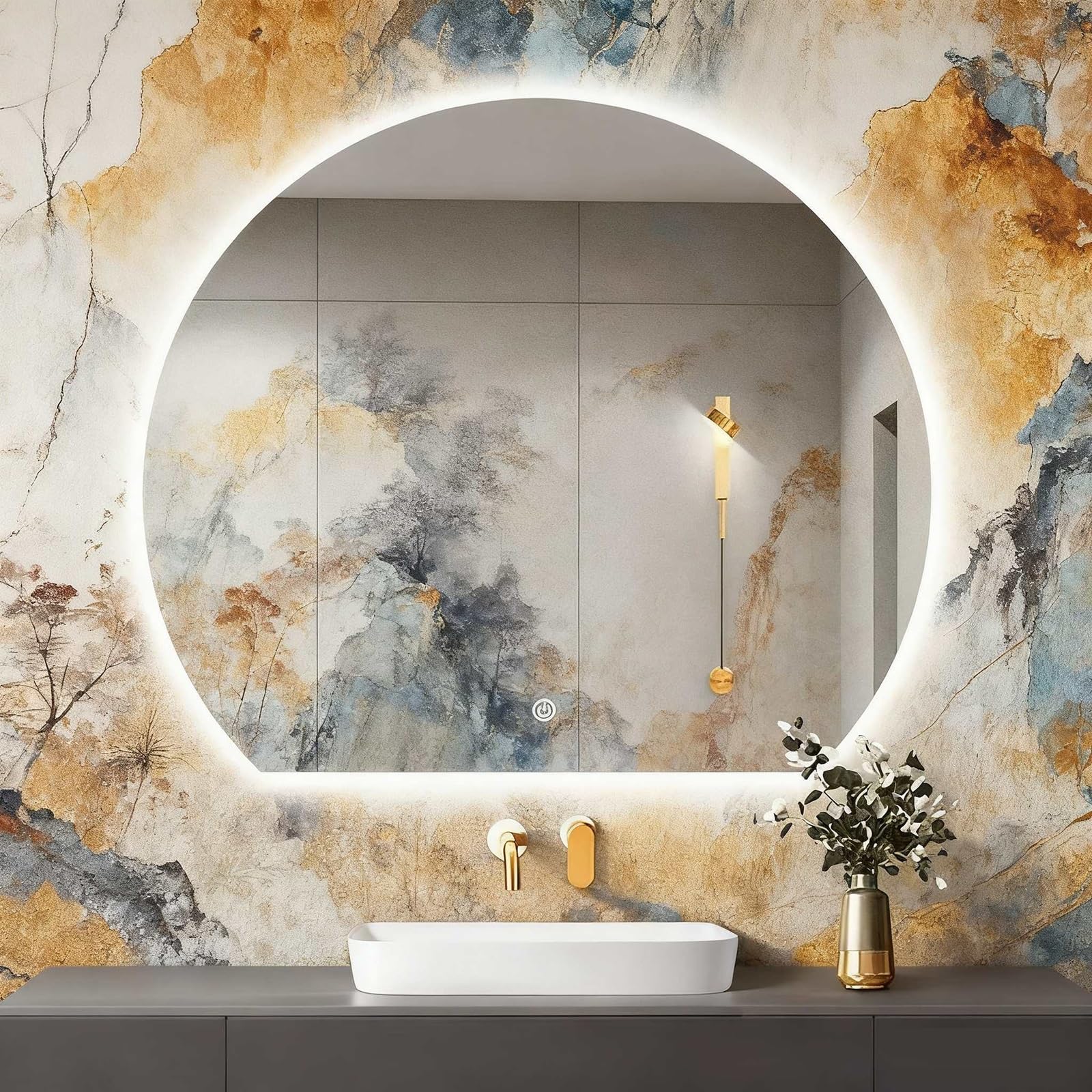 SXFSDOU Illuminated Bathroom Mirror with Touch Switch, LED Lighting, Semi-Circle Decorative Wall
