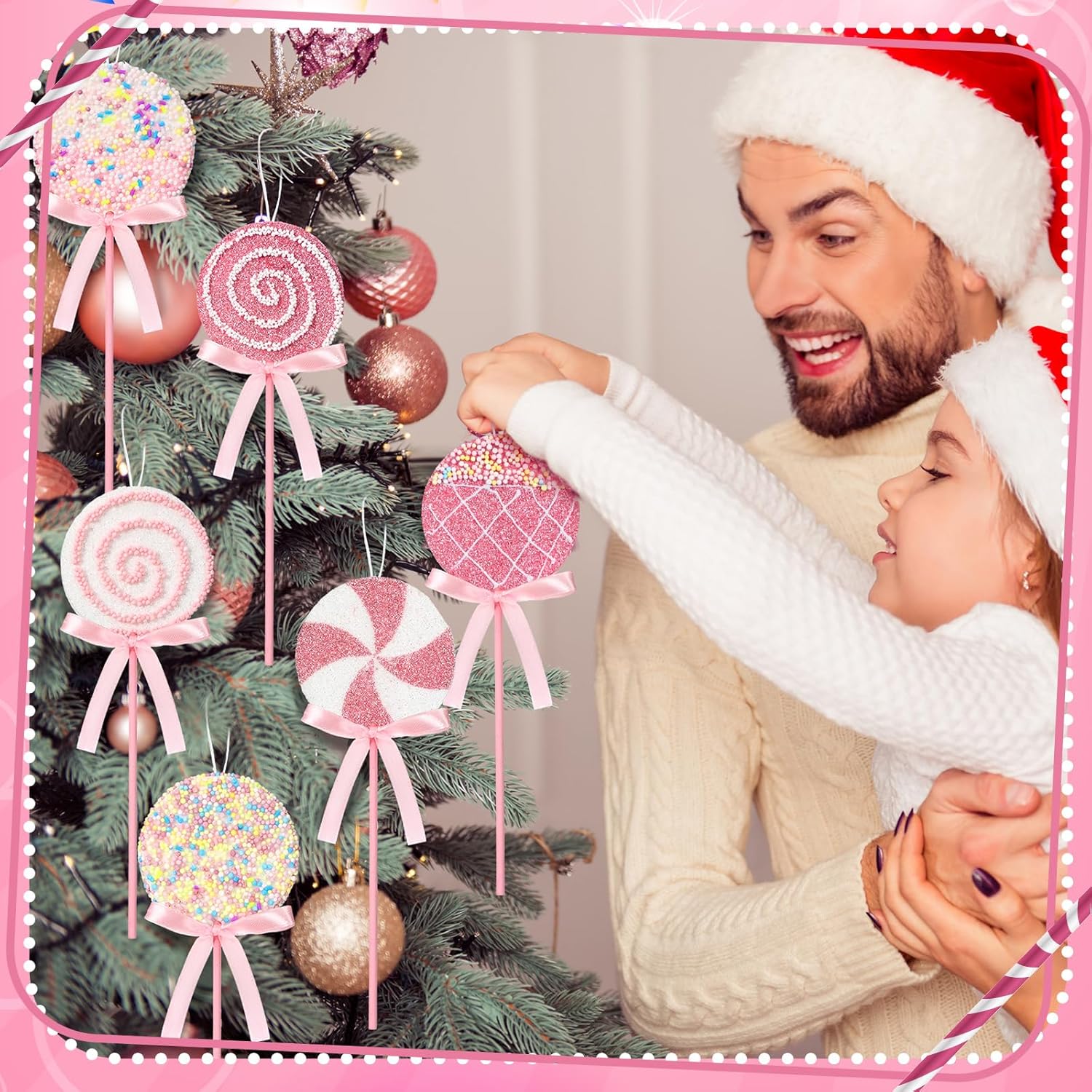 12 Pcs Lollipop Ornaments for Christmas Tree Foam Pink Candy Cane Hanging Ornaments for Xmas Tree Decorations Party Supplies